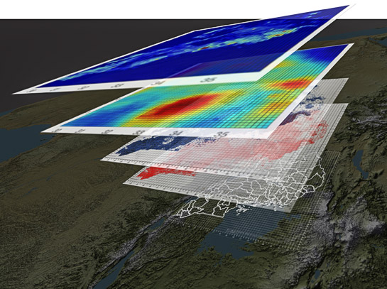 Layered view of five different squared-shaped maps used in predictive modeling work. Maps are colorful, with different shades of blues, greens, yellows, reds, and white.